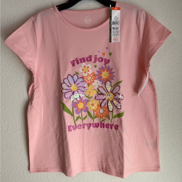 Wonder Nation Girls Pink Sequins Accent Floral Tee with Joyful Message size XL - Picture 1 of 4